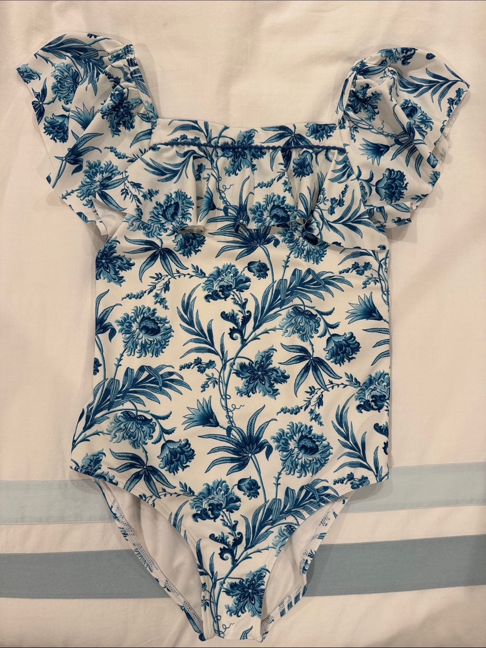 Janie and Jack White One-Piece Swimsuit with Blue Floral Print and Ruffle Straps